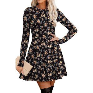 Women Print 1 Crew Neck Ribbed Knit Flare A-Line Long Sleeve Sweater Dress